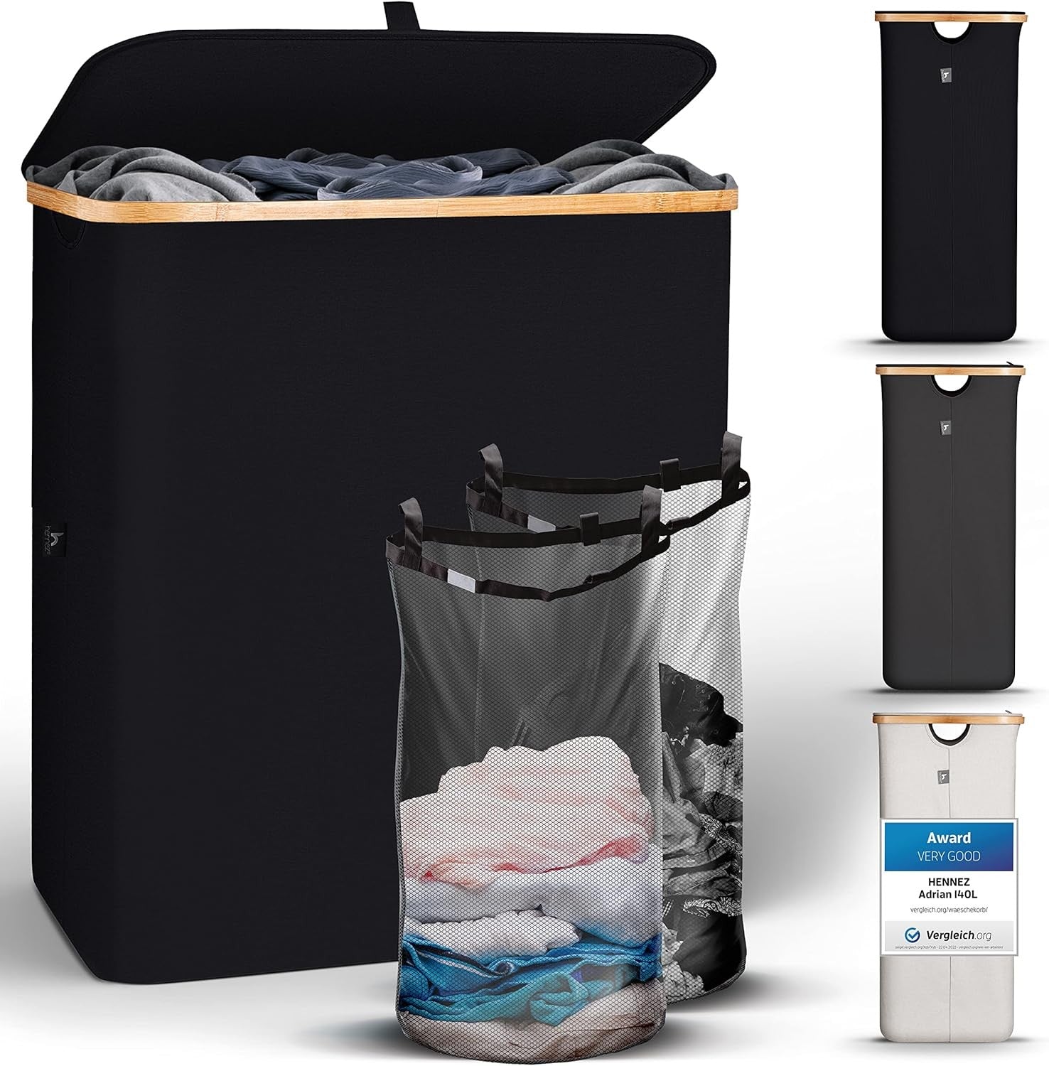 141L Black Laundry Hamper Bamboo With Lid Removable Double Bags Large Basket