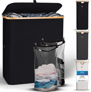 141L Black Laundry Hamper Bamboo With Lid Removable Double Bags Large Basket
