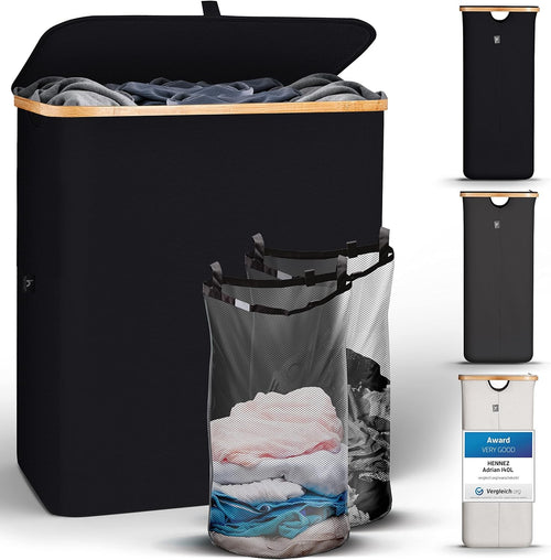 141L Black Laundry Hamper Bamboo With Lid Removable Double Bags Large Basket