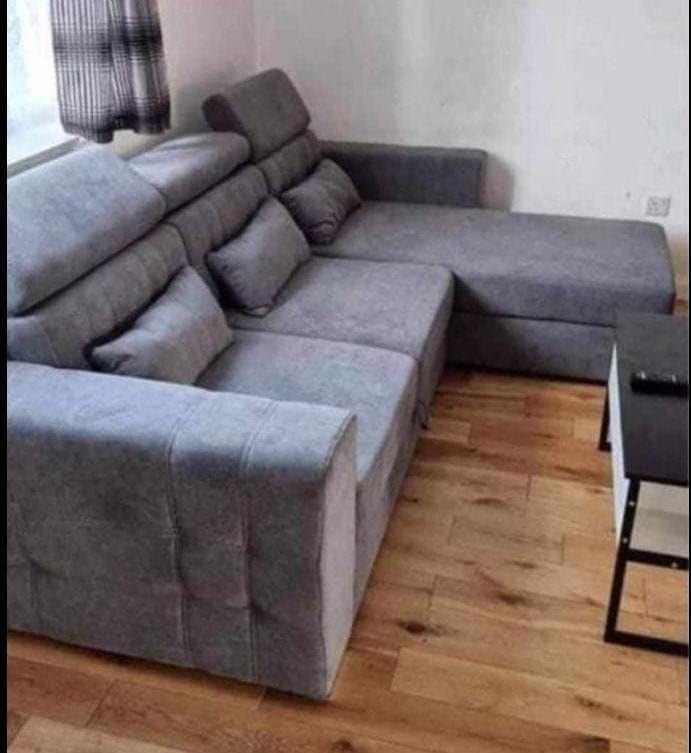 Grey L-Shaped Sofa Bed with Storage & Linen Fabric 3-Seater Sleeper Couch