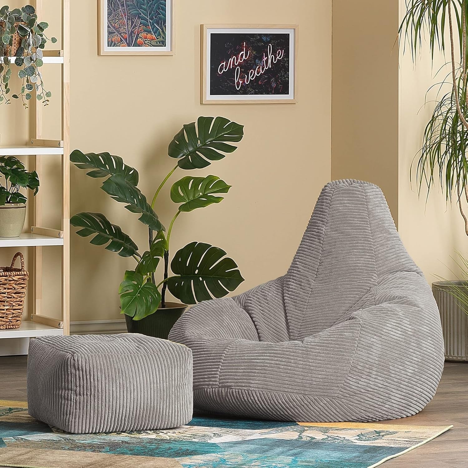 Grey Cord Recliner Bean Bag Chair w/ Footstool Set - Adult Lounge Seat