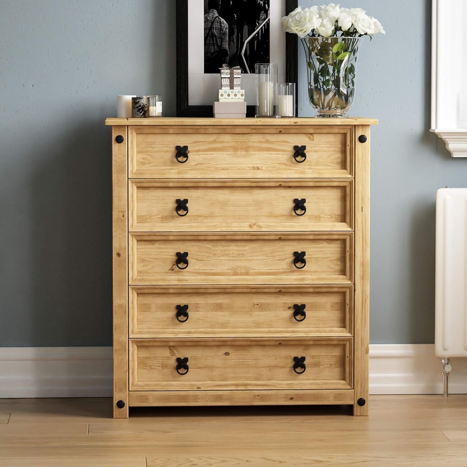 5 Drawer Solid Pine Chest | Rustic Wax Finish | Wooden Bedroom Storage