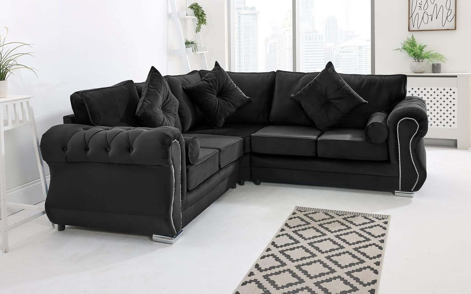 Black Plush Velvet Corner Sofa 5 Seater with Foam Cushions & Chrome Feet