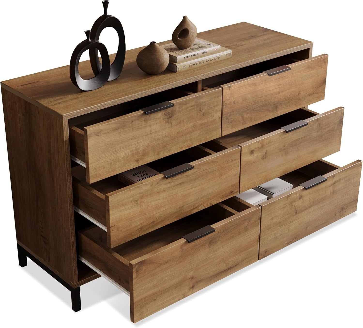 Modern Dark Oak Sideboard 6 Drawer Cabinet Storage Unit Metal Frame 120cm