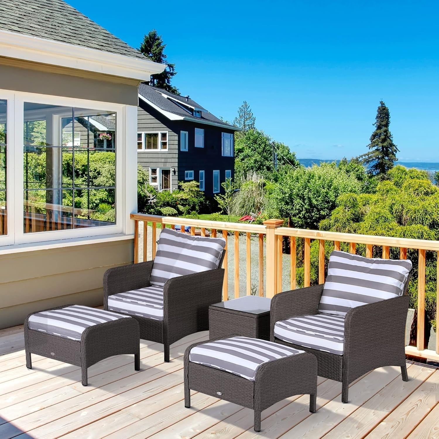 5pc Rattan Garden Furniture Set Outdoor Chairs Table Stools Cushions