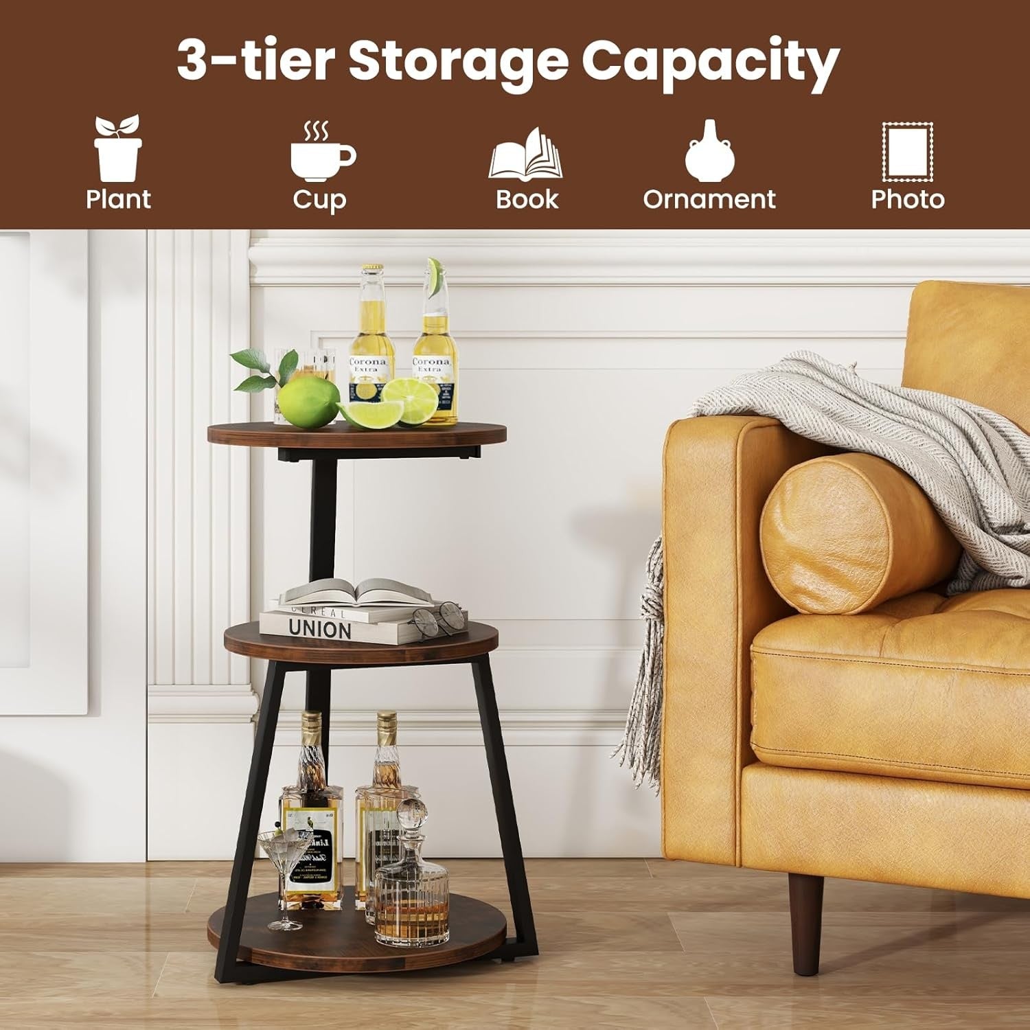 Set of 2 Rustic Brown 3-Tier Round Side Tables – Industrial Bedside Tables 40×55