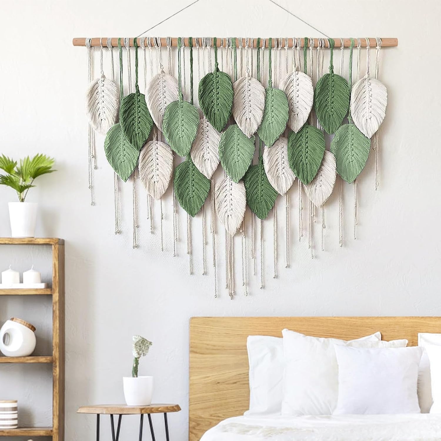 Large Boho Macrame Wall Hanging Leaf Woven Decor Beige
