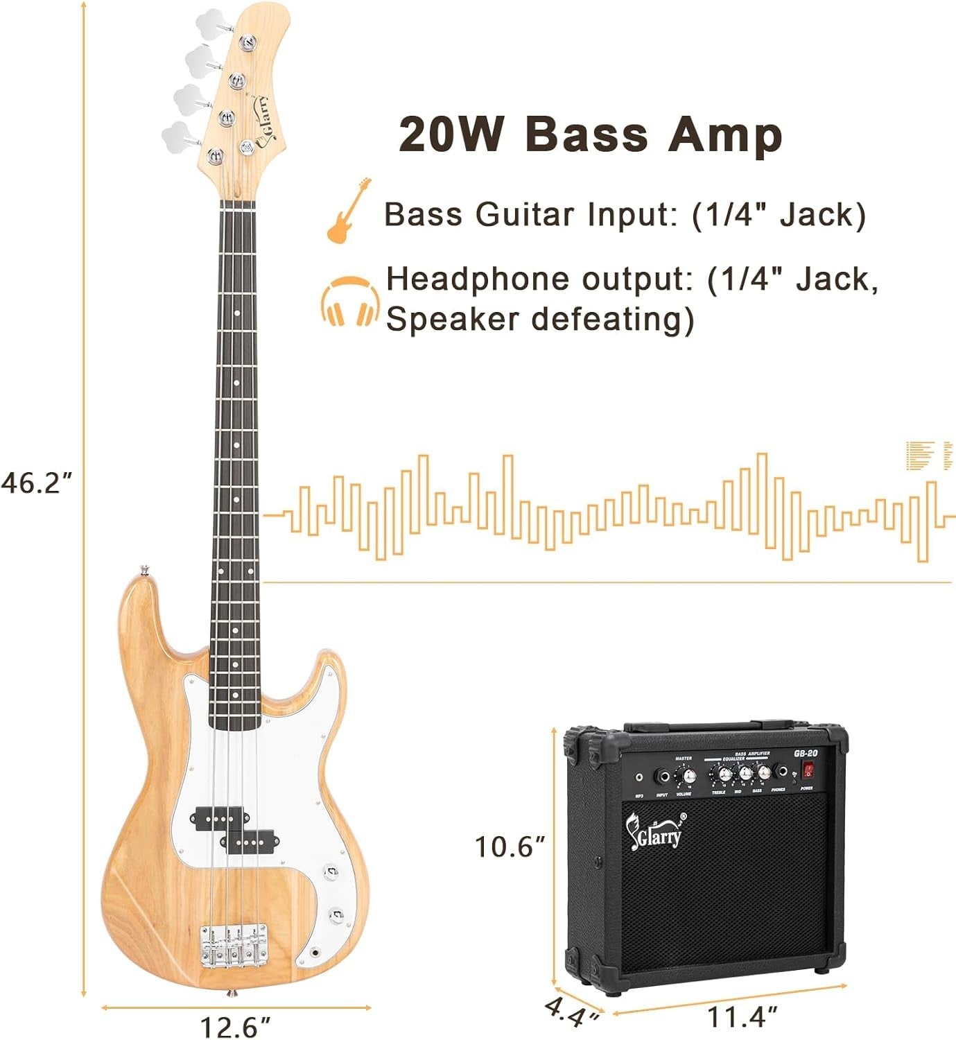 Full Size 4 String Electric Bass Guitar Kit 20W Amp Bag Stand