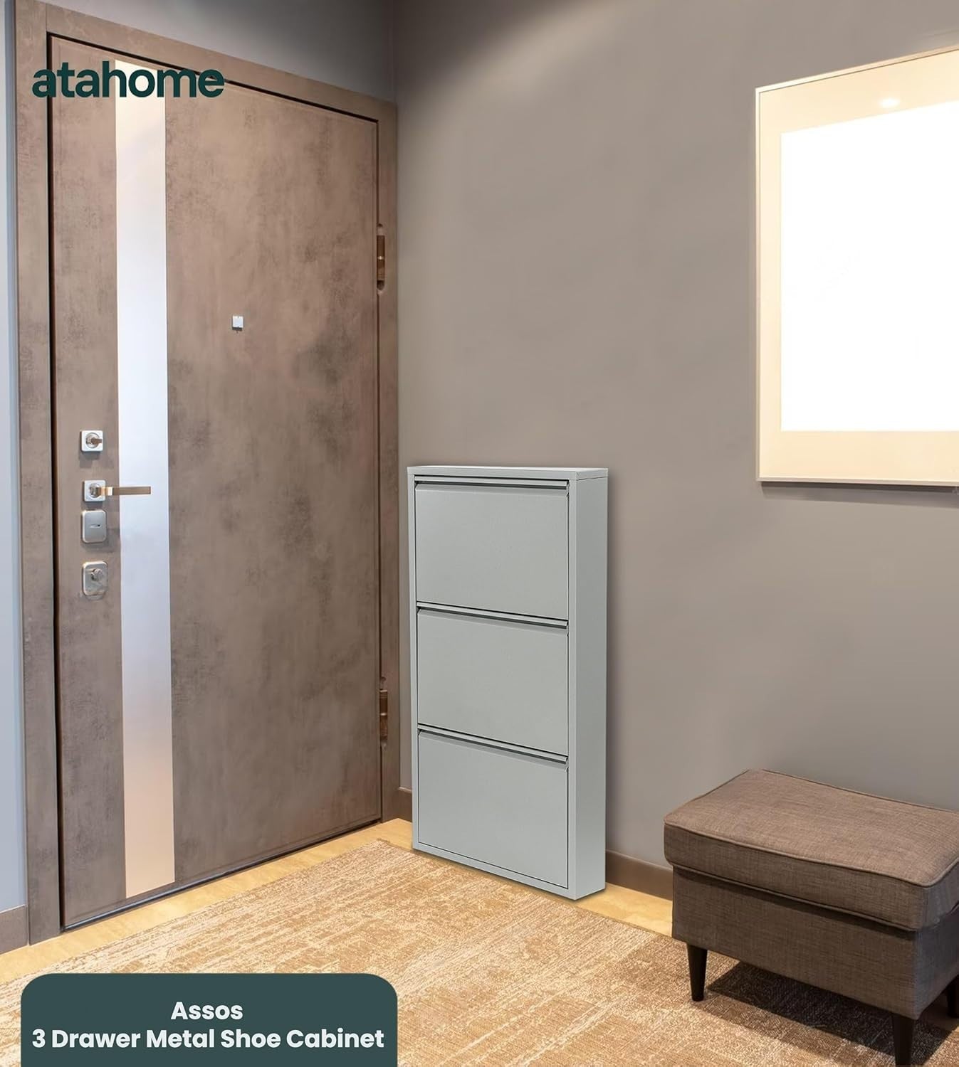 Slim Wall Mounted Shoe Cabinet 3 Drawer Metal Organizer Grey 104cm