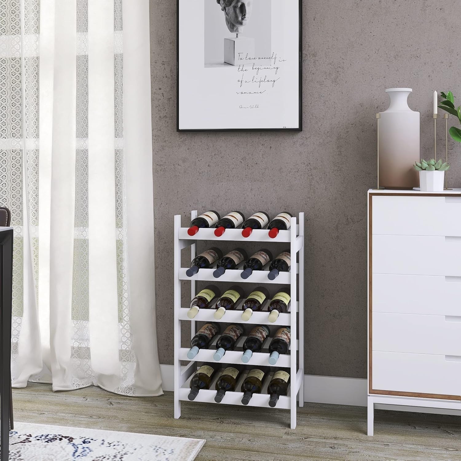 5 Tier Wooden Wine Rack 20 Bottle Storage Stand Free Standing Modern White Shelf
