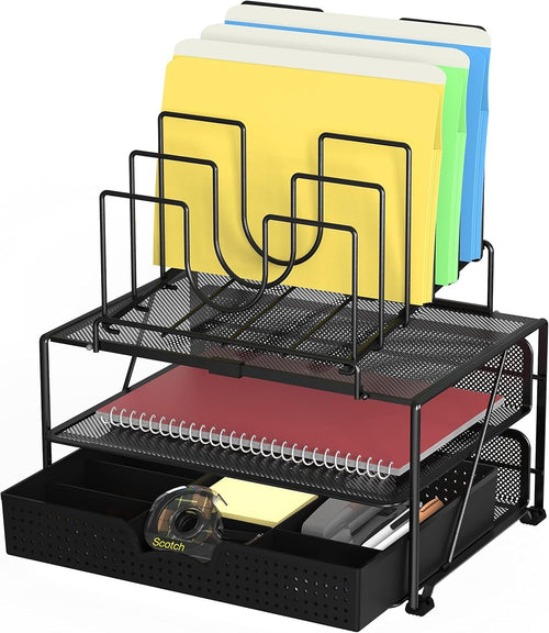 Desk Organiser with 5 Stackable Trays & Double File Holder – Black