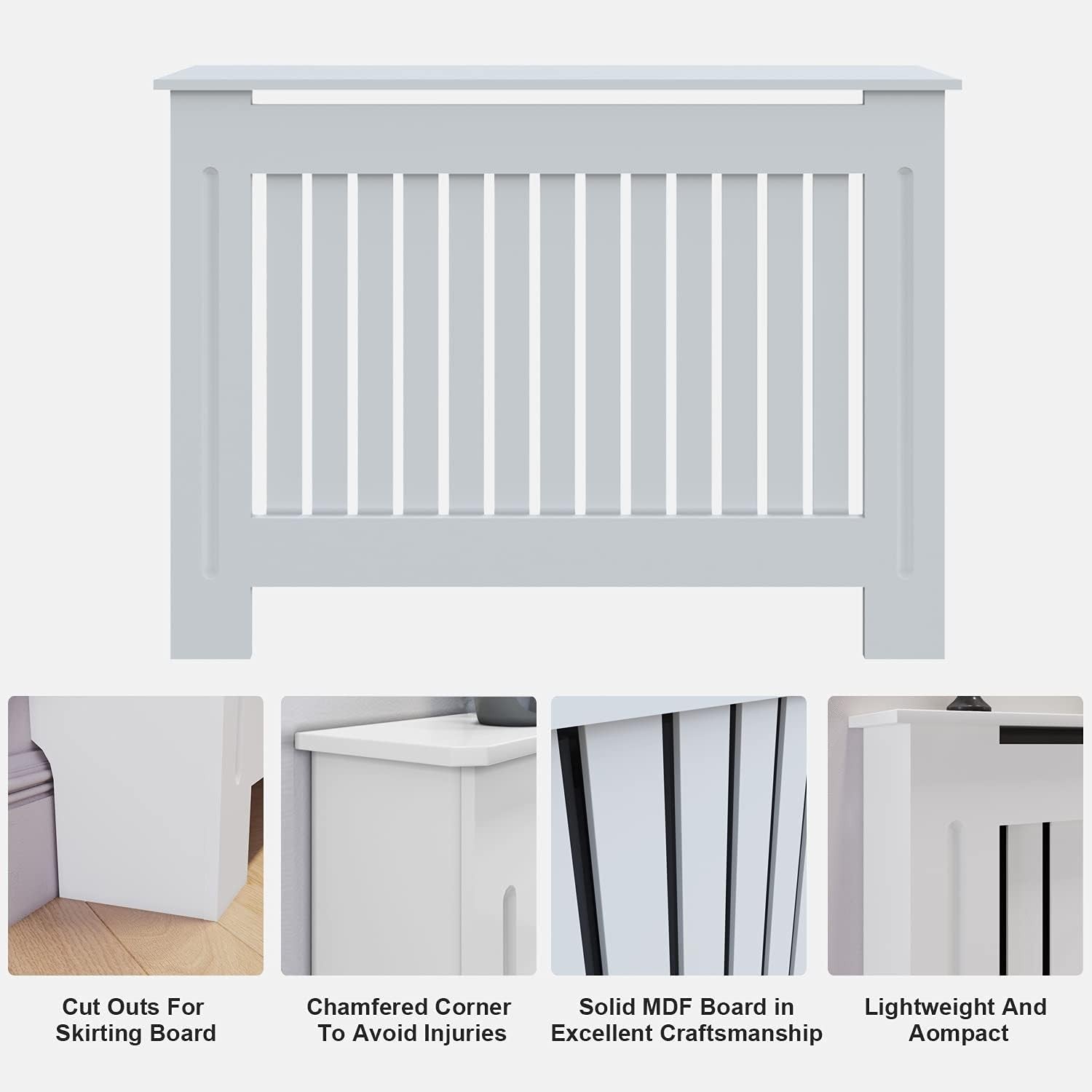 Medium Radiator Cover Cabinet White Slat MDF Modern Heater Shelf for Home Decor