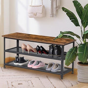 Rustic Brown Industrial Shoe Bench 100cm Storage Rack with Mesh Shelves