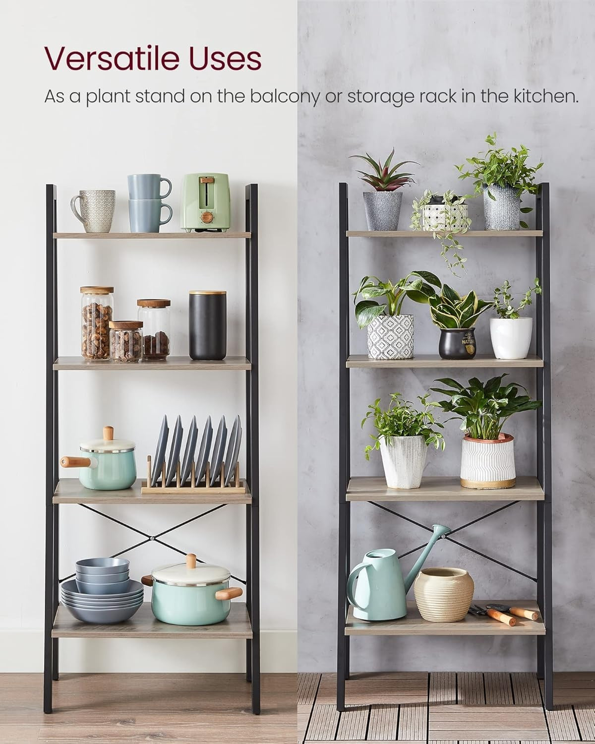 4-Tier Industrial Ladder Shelf Storage Rack Adjustable Steel Frame Bookshelf