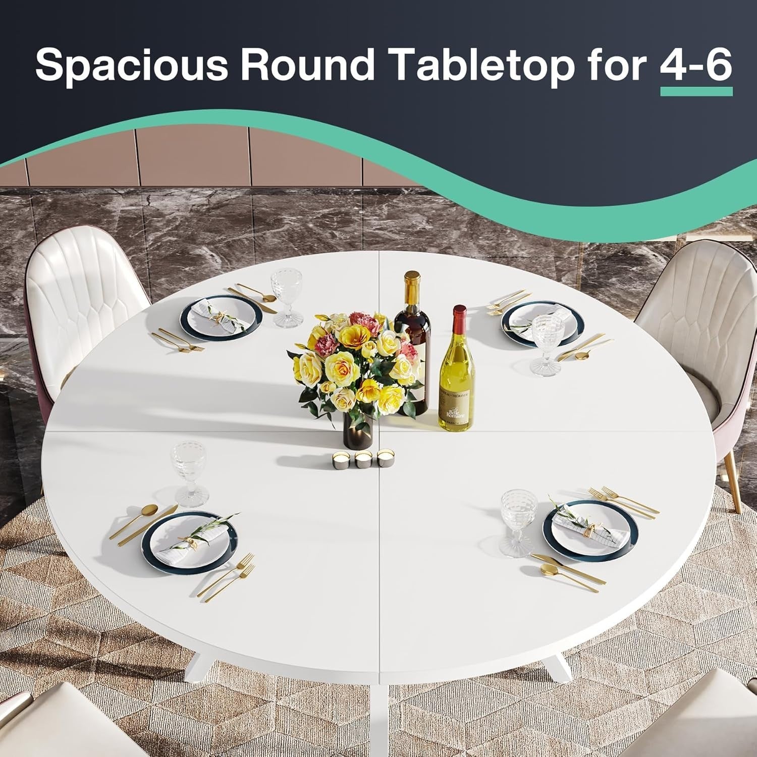 Modern Round Dining Table 120CM Seats 6–8 Metal Legs White Kitchen