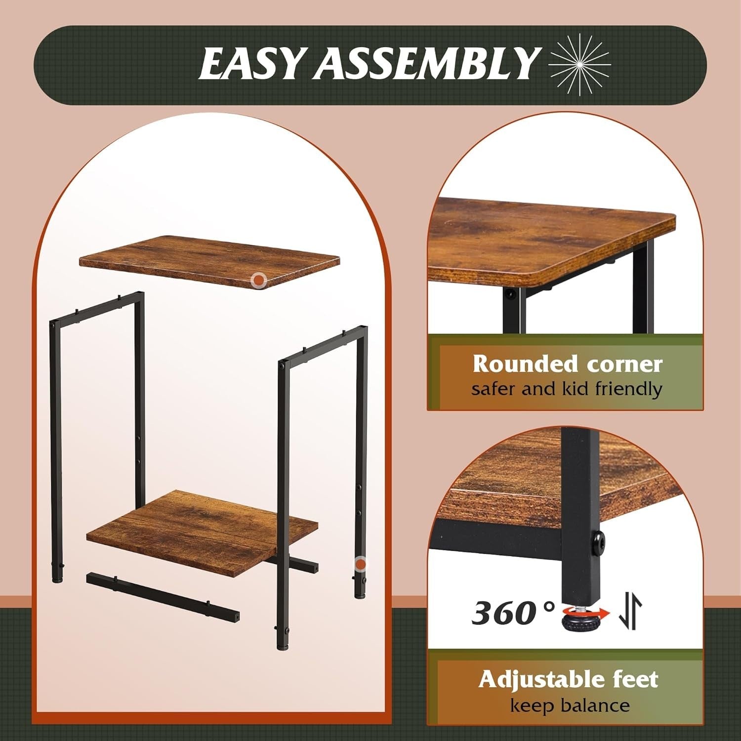 Set of 2 Rustic Brown 2-Tier Side Tables with Adjustable Feet, Sturdy Storage