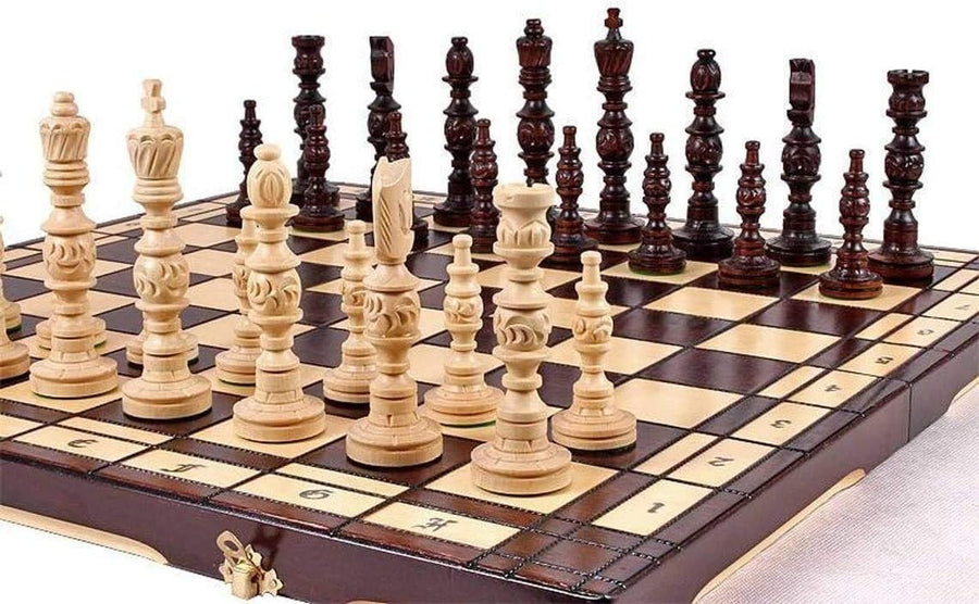 Large 23" Wooden Chess Set Handmade Foldable Board with Carved Pieces
