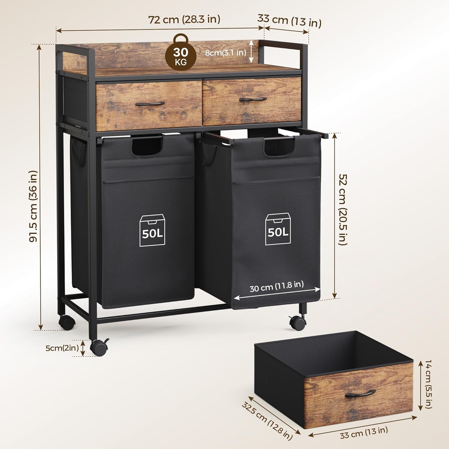 2 Section Laundry Hamper with Drawers 100L Sorter Wheels Rustic Brown Black