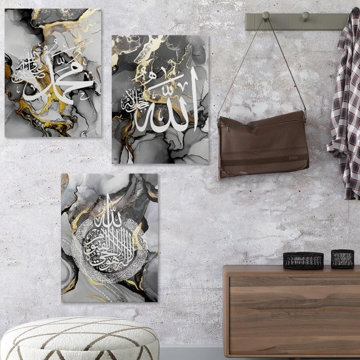 Islamic Wall Art Set of 3 Framed Canvas 30x40cm Grey Marble