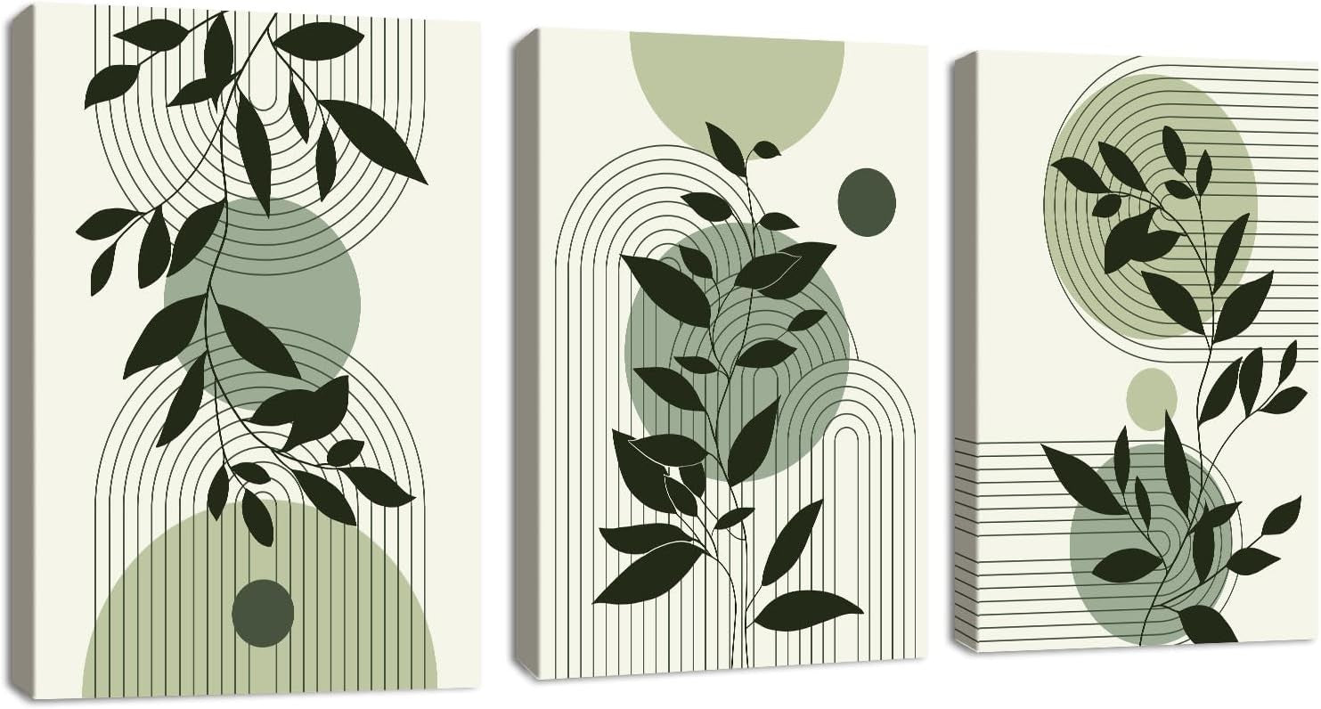 Boho Sage Green Framed Canvas Wall Art Set of 3 Leaf Prints Living Room Decor