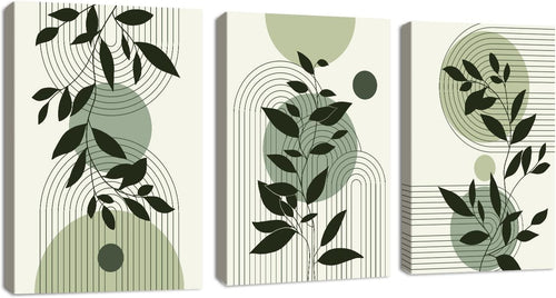 Boho Sage Green Framed Canvas Wall Art Set of 3 Leaf Prints Living Room Decor