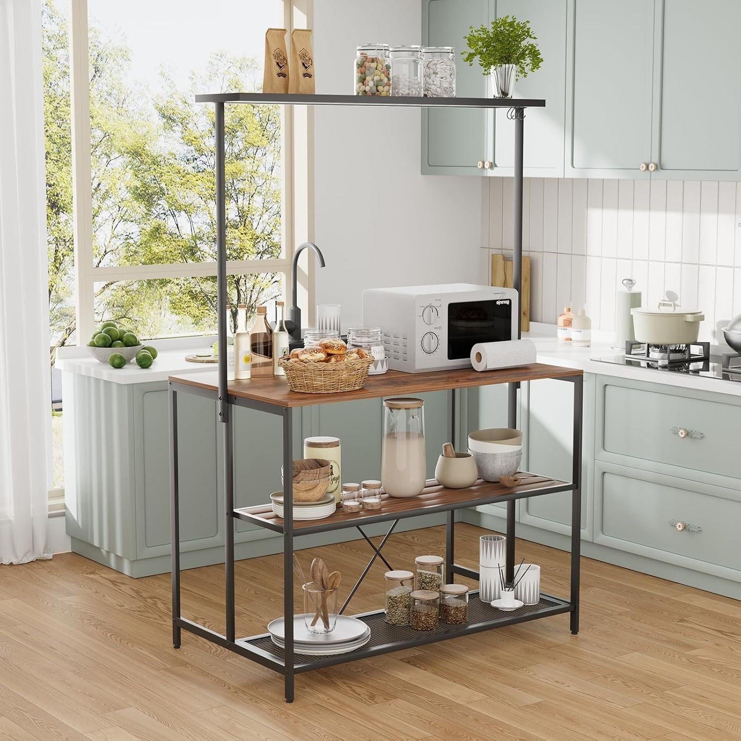 Breakfast Bar Table with Shelves & Hooks, Rustic Brown Kitchen Storage Table