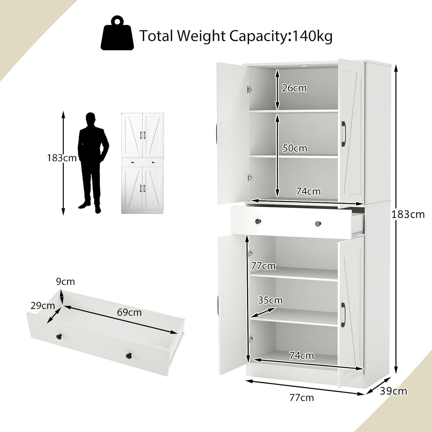 Tall Kitchen Cupboard White 4-Door Buffet Pantry Cabinet Drawer