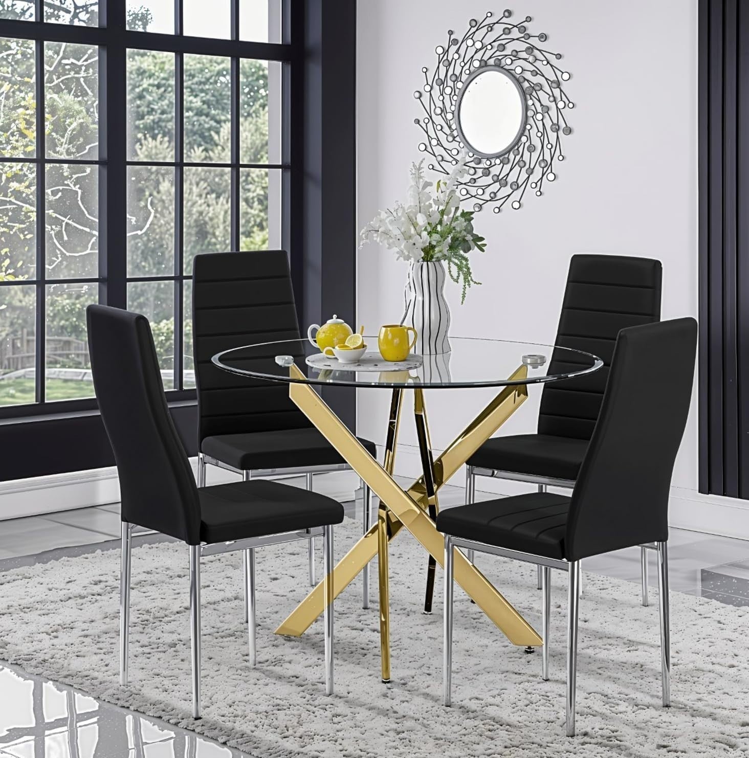 100cm Round Glass Dining Table Set with 4 Faux Leather Chairs Black