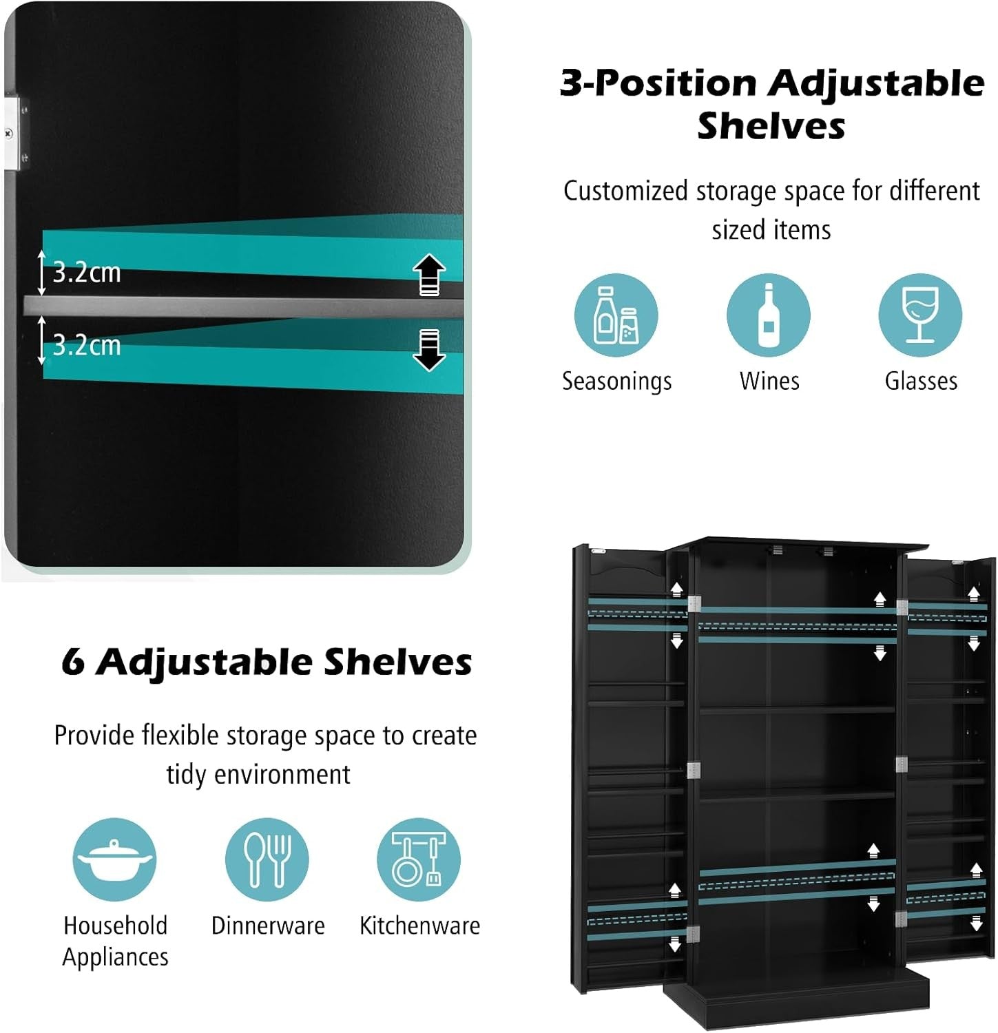 Tall Black Kitchen Pantry Cupboard Storage Cabinet Adjustable Shelves Unit