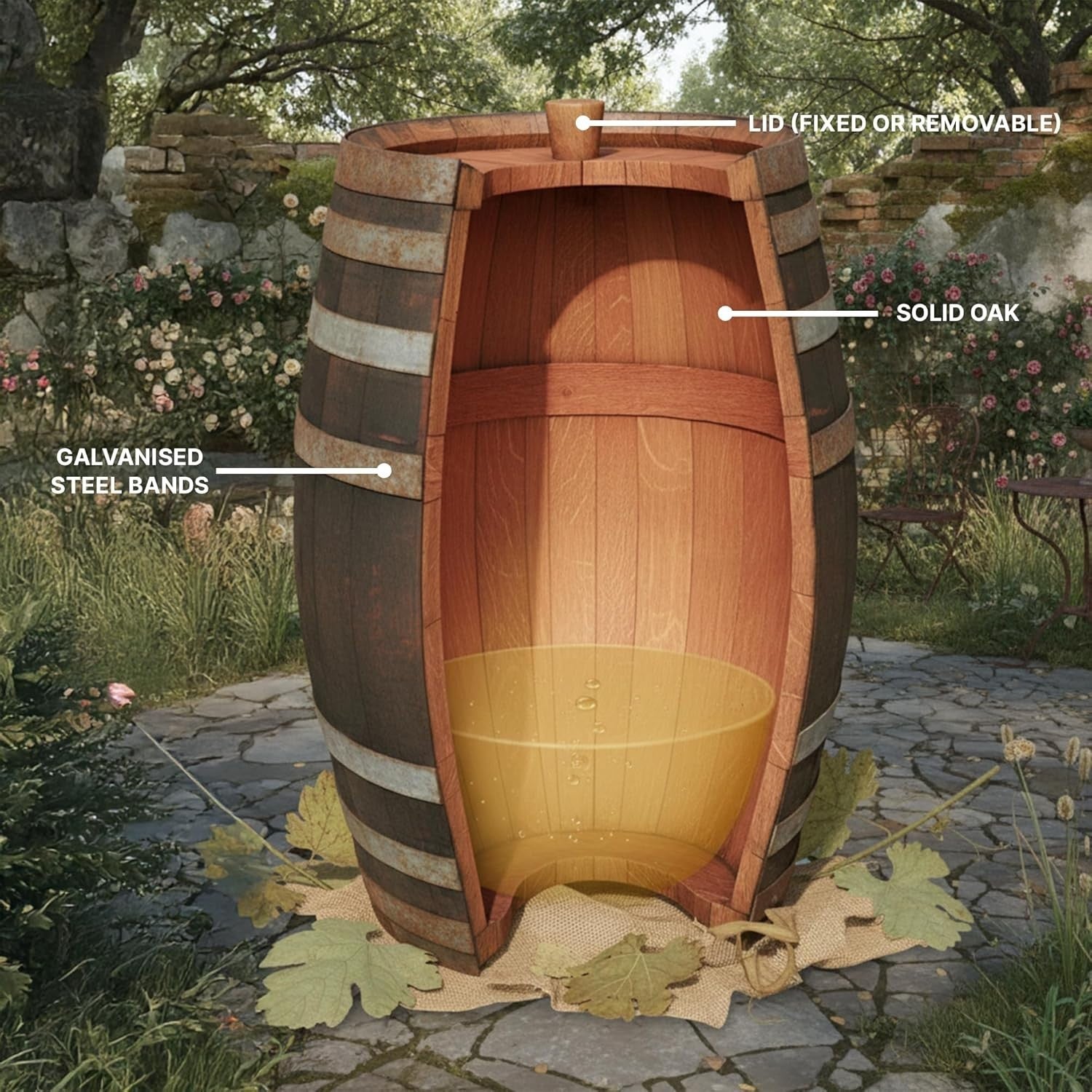 Oak Wine Barrel Rainwater Collector, Rustic Garden Feature, Round, 55 Gal