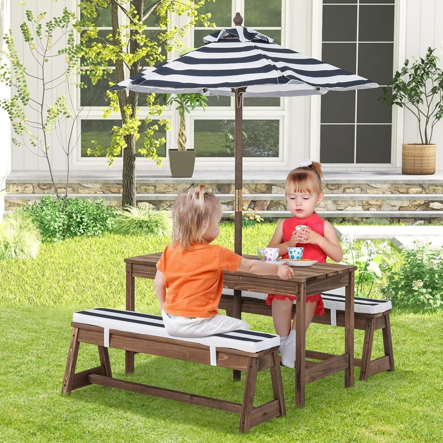 Kids Wooden Picnic Table Set with Benches Cushions & Umbrella Blue
