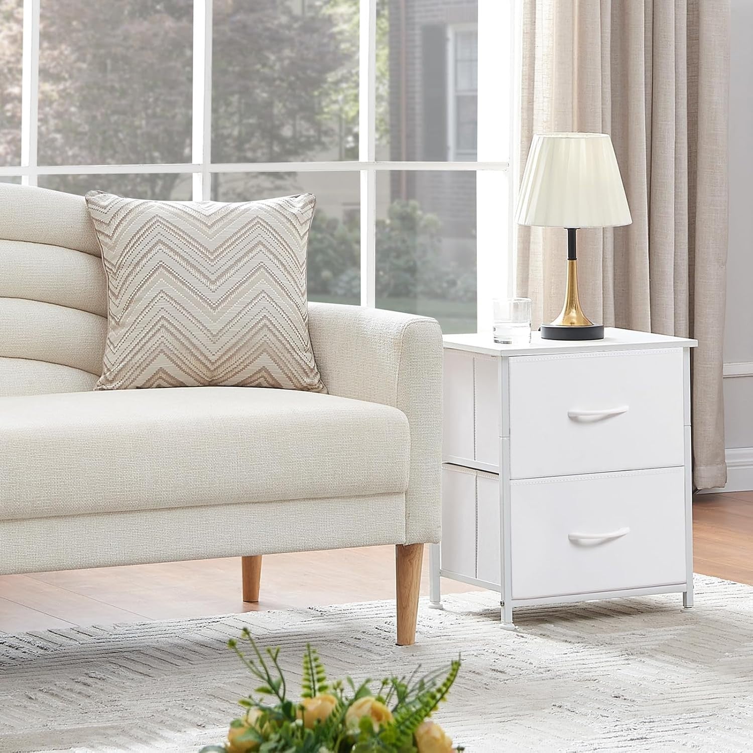 Set of 2 White Bedside Tables with Fabric Drawers – Modern Nightstands