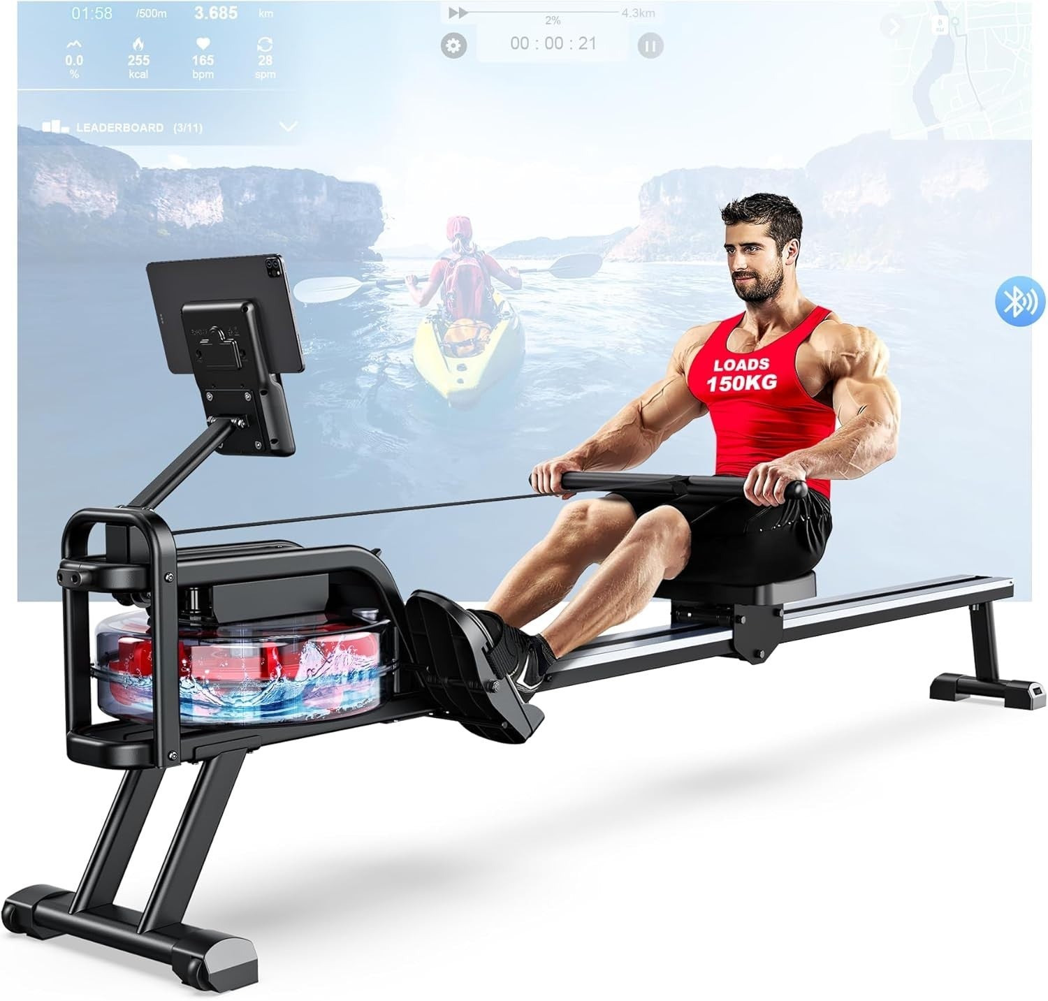 Foldable Water Rowing Machine 6-Level Resistance Bluetooth LCD Quiet Home Gym