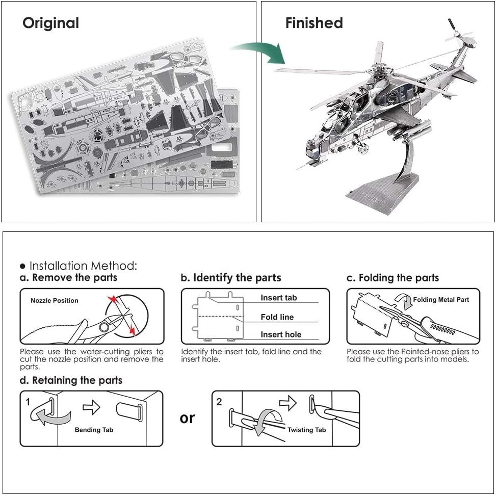 3D Metal Thunderbolt Helicopter Puzzle Model Kit - Stainless Steel, 122 Pcs