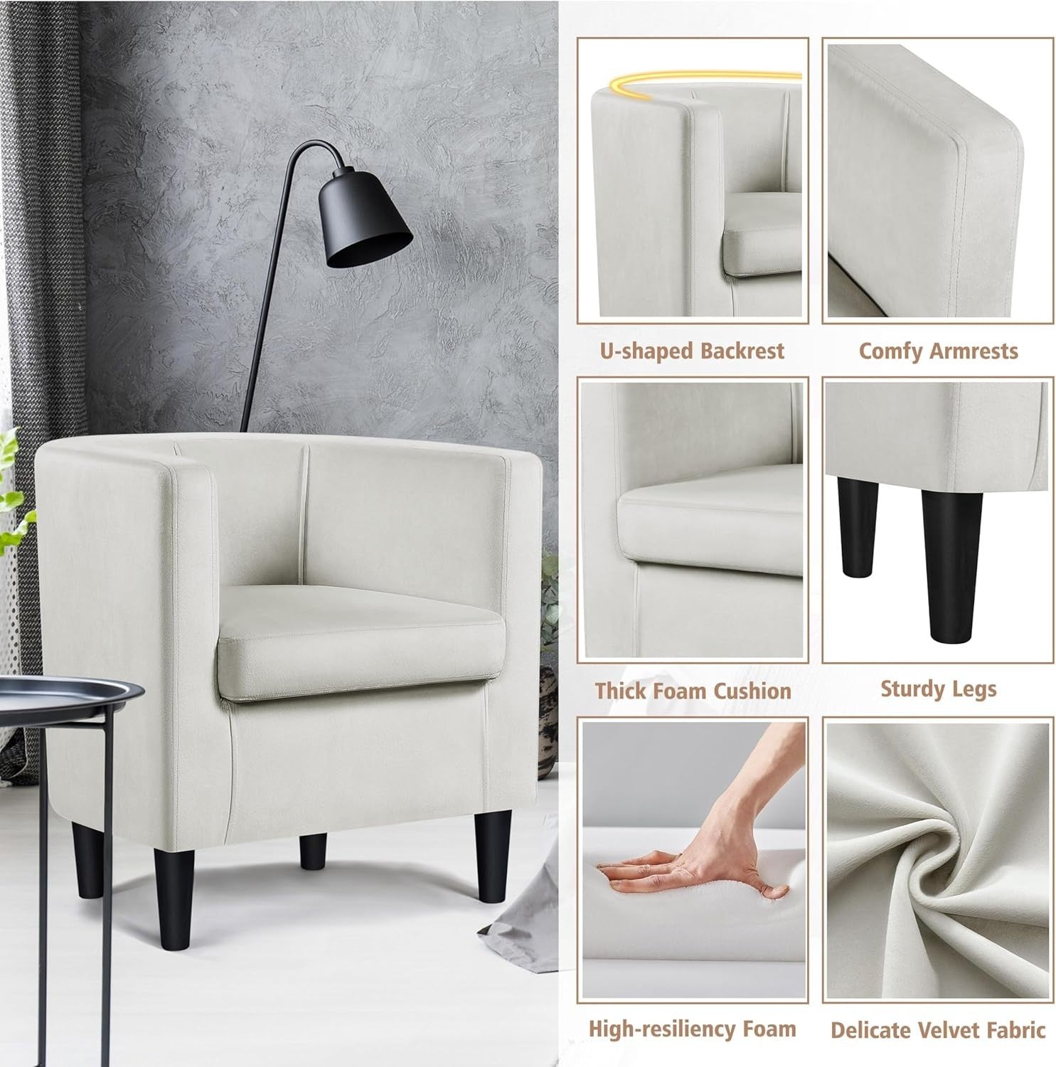 Modern Velvet Tub Armchair Beige Upholstered Sofa Chair Lounge Seat