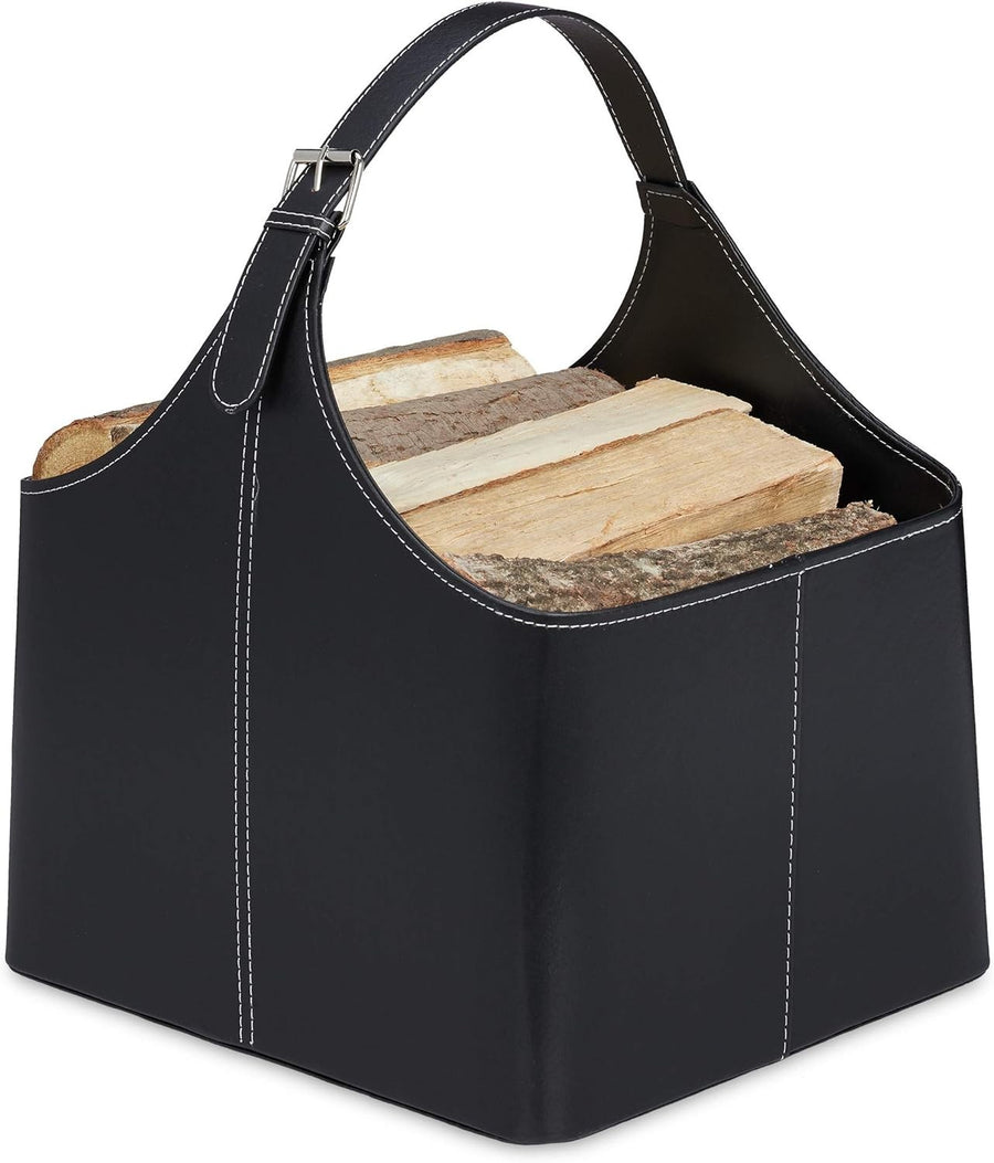 Firewood Storage Basket with Handle, Leather Look Log Bin, Indoor Use