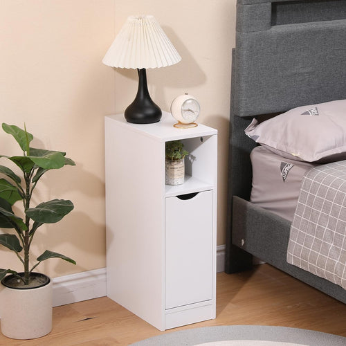 Slim White Bedside Table with Drawer & Shelf, Modern Narrow Nightstand Storage