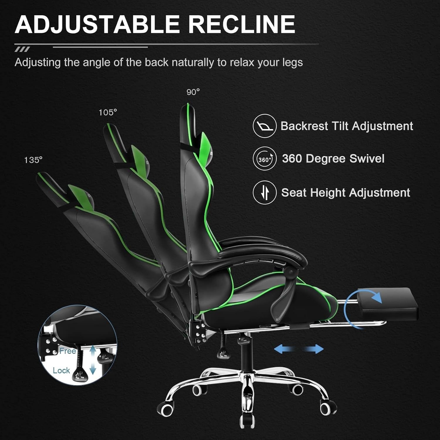 Gaming Chair Faux Leather Reclining Massage Lumbar Support Footrest Green