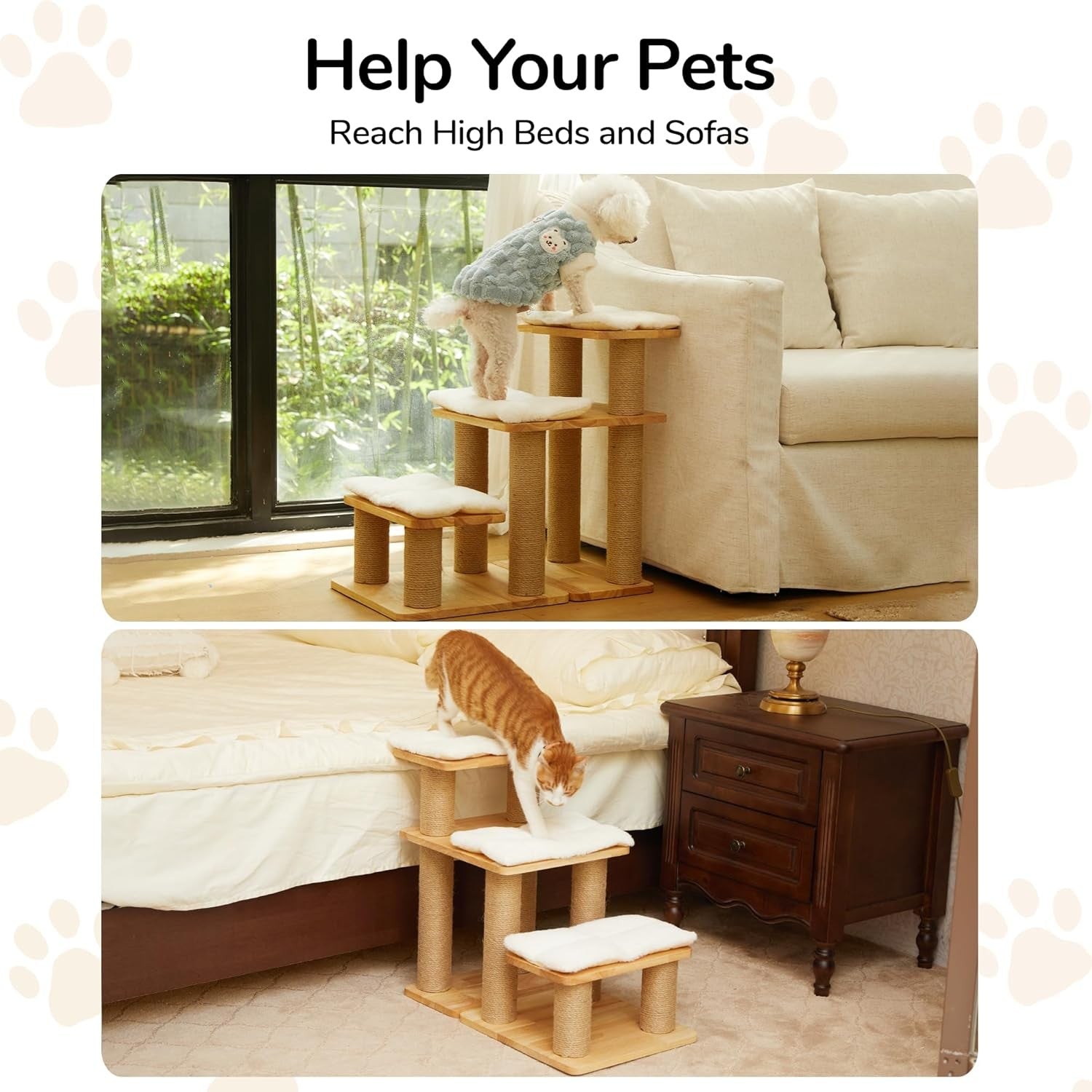 Solid Wood Dog Stairs 20in Pet Ramp with Cat Scratching Post