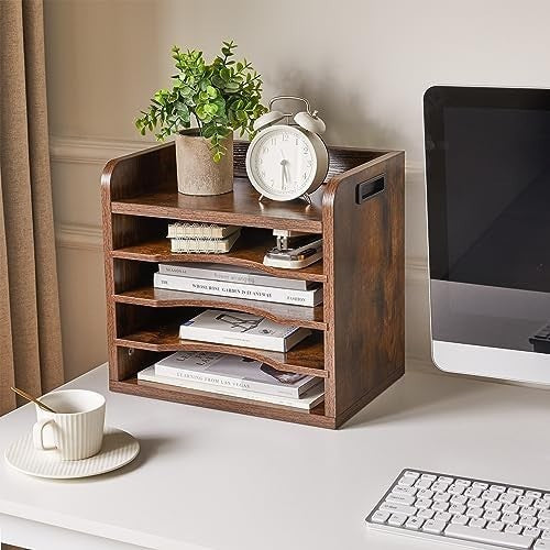 5 Tier Wooden Desk File Organiser A4 Paper Tray Magazine Holder