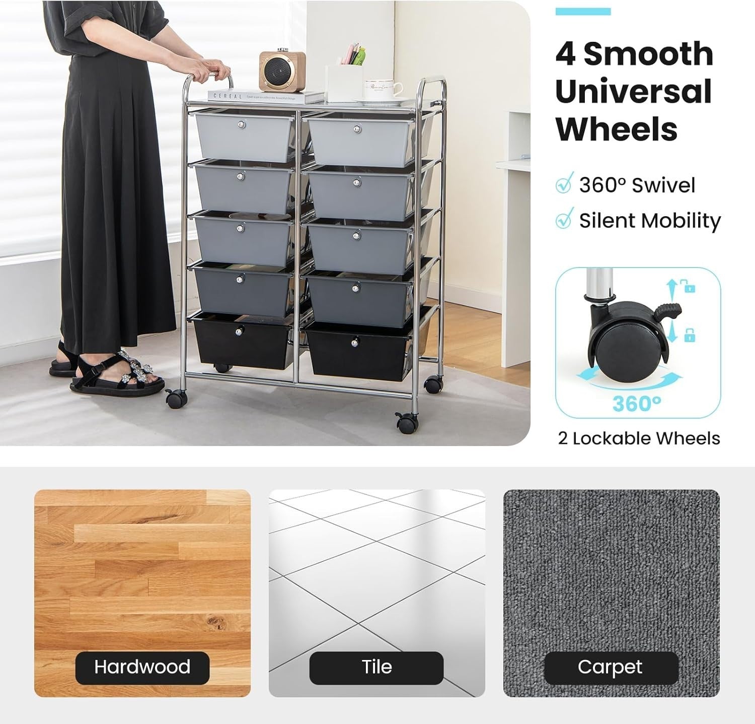 Gradient Black 10 Drawer Rolling Storage Trolley Office Beauty Organizer