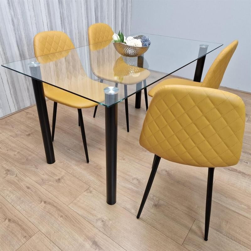 Glass Dining Table Set with 4 Mustard Faux Leather Chairs for Kitchen