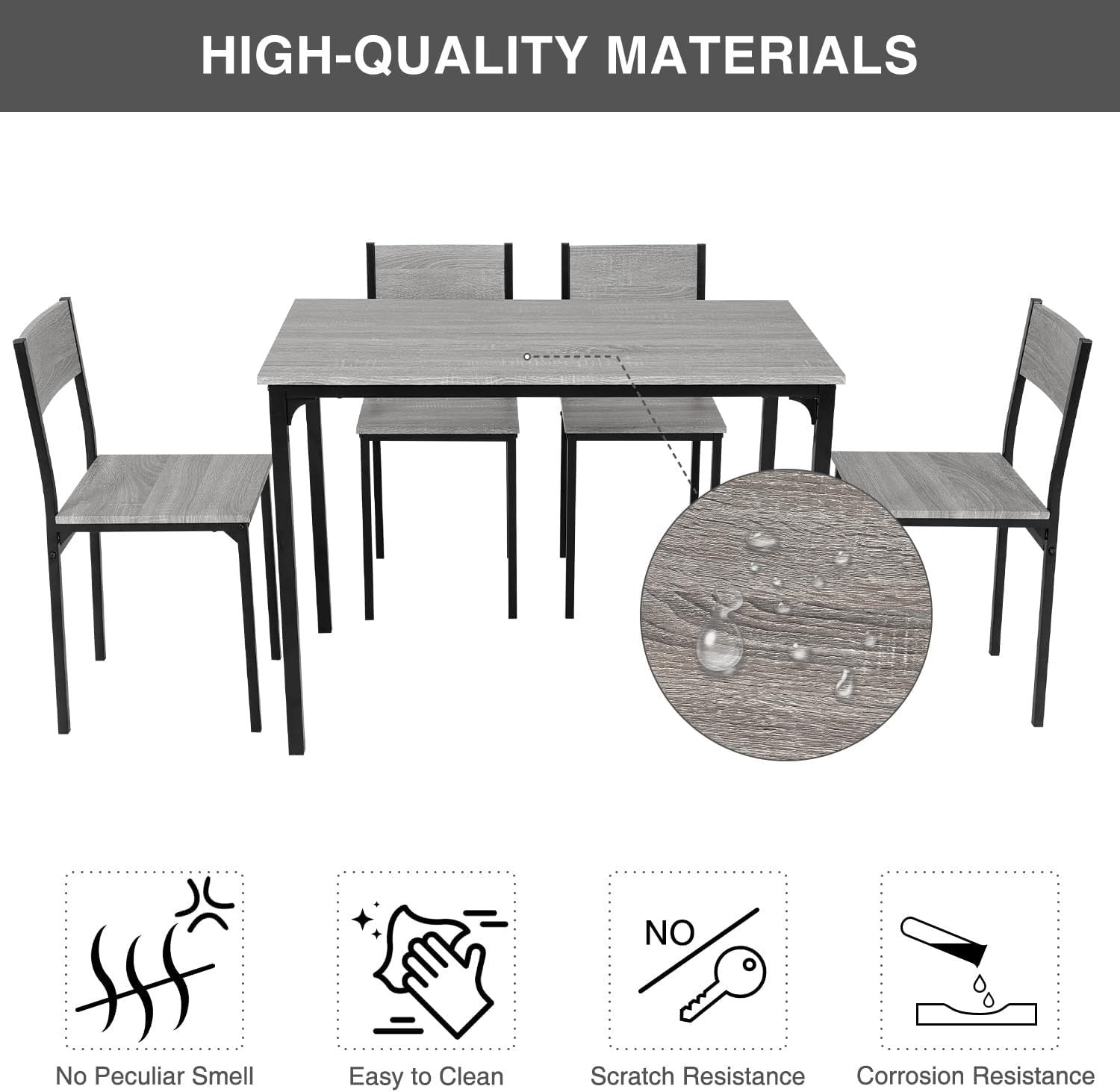 Modern Grey Dining Table Set 5-Piece, Compact Kitchen & Patio Chairs, Rustic