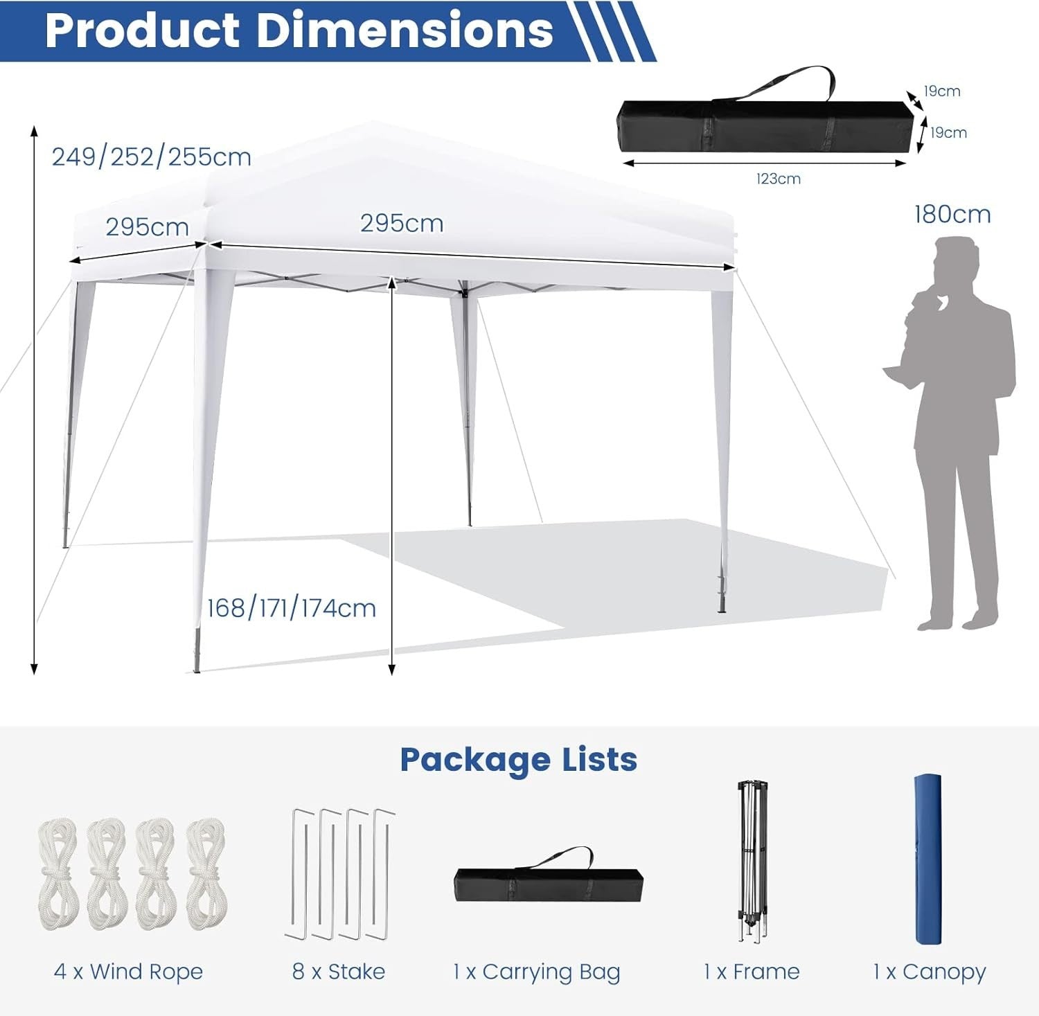 3x3m Pop Up Gazebo Adjustable Waterproof Outdoor Canopy w/ Bag White