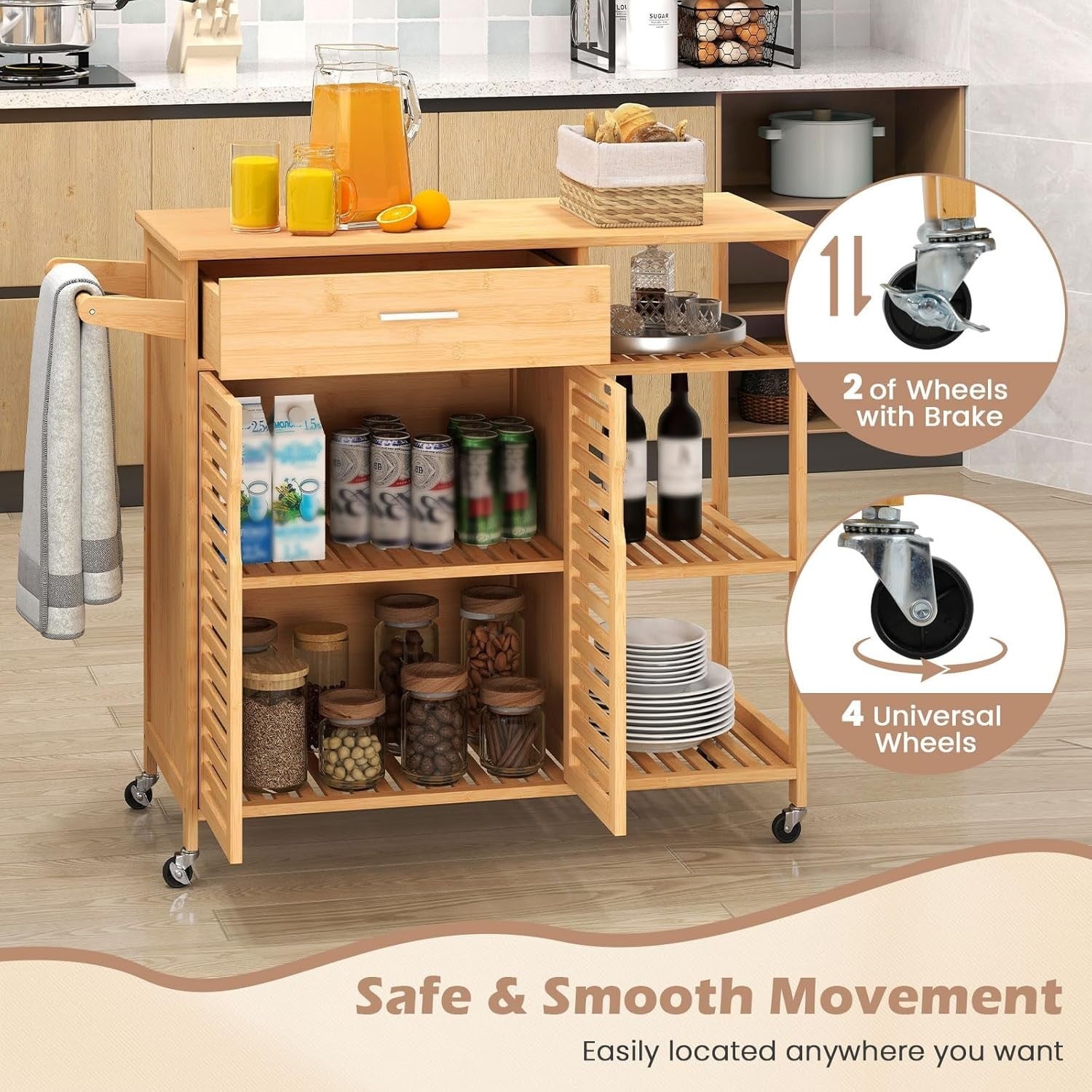 Bamboo Rolling Kitchen Island Cart 104cm Storage Cabinet