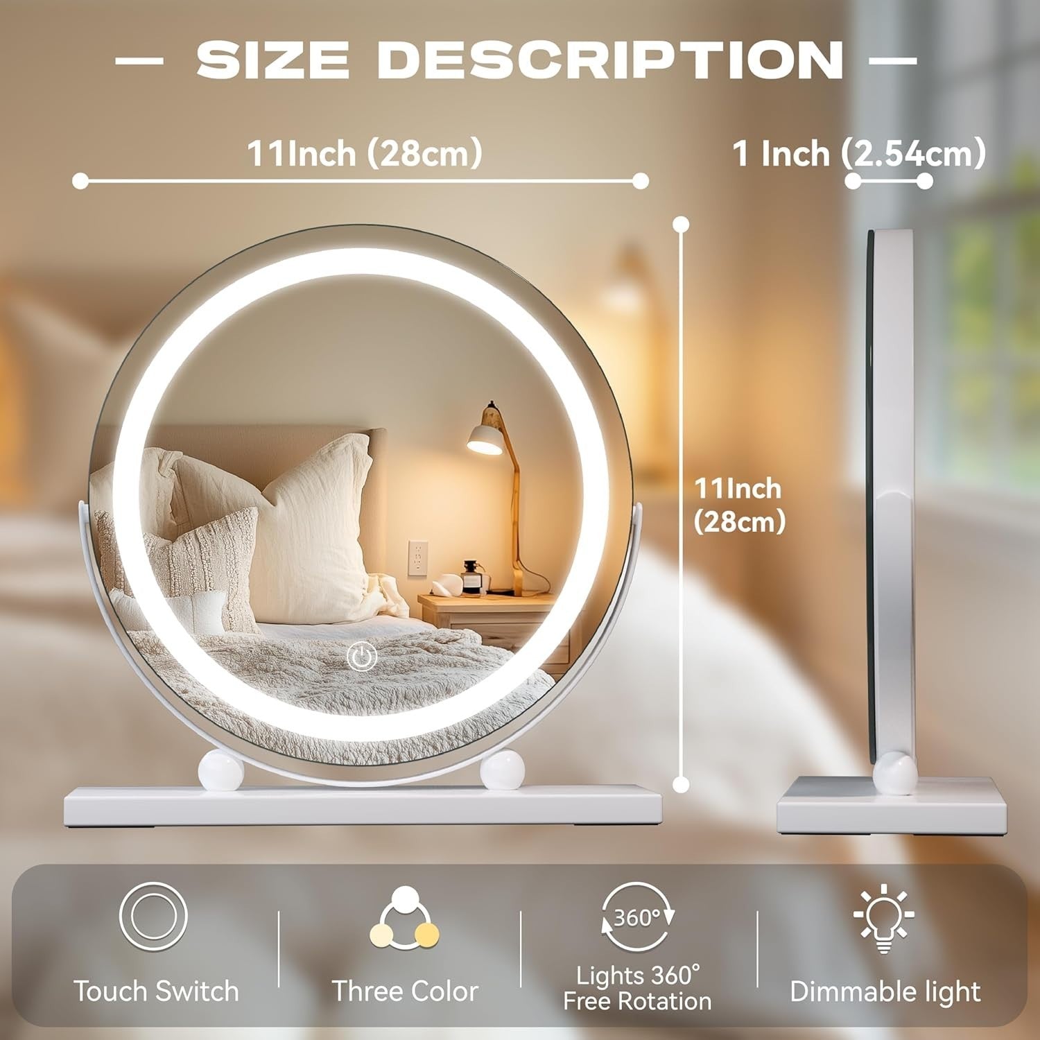 LED Makeup Mirror 30x30cm with Dimmable Touch Lights & 360° Rotation