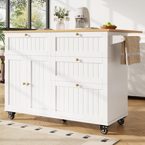 White Kitchen Island Trolley on Wheels w/ Drop Leaf, Drawers & Cabinet