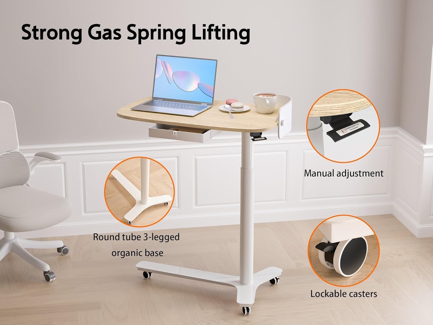 Mobile Standing Desk on Wheels Adjustable Pneumatic Overbed Laptop Table
