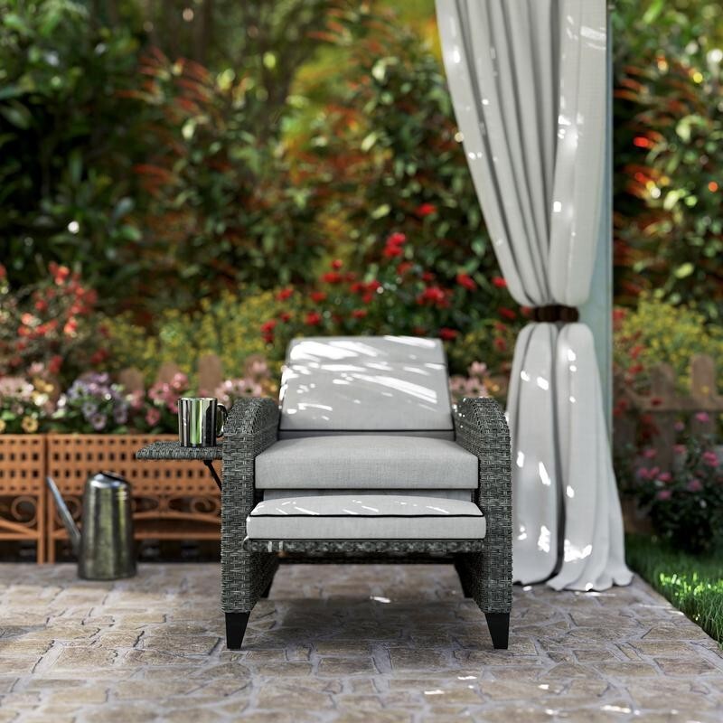 Rattan Recliner Garden Chair – Cushioned PE Wicker Seat w/ Footrest & Tray