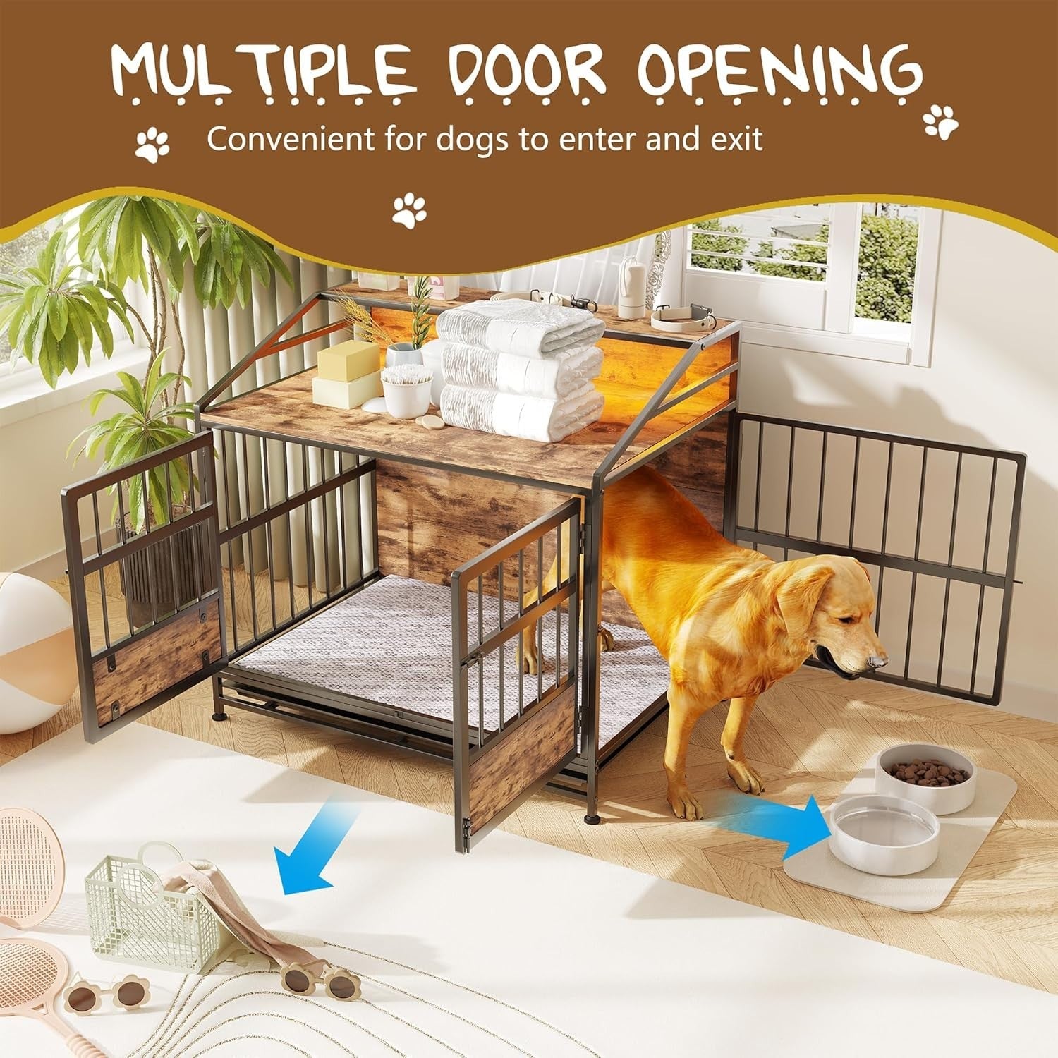 Heavy Duty Dog Crate Furniture with LED Light & Removable Tray, Medium